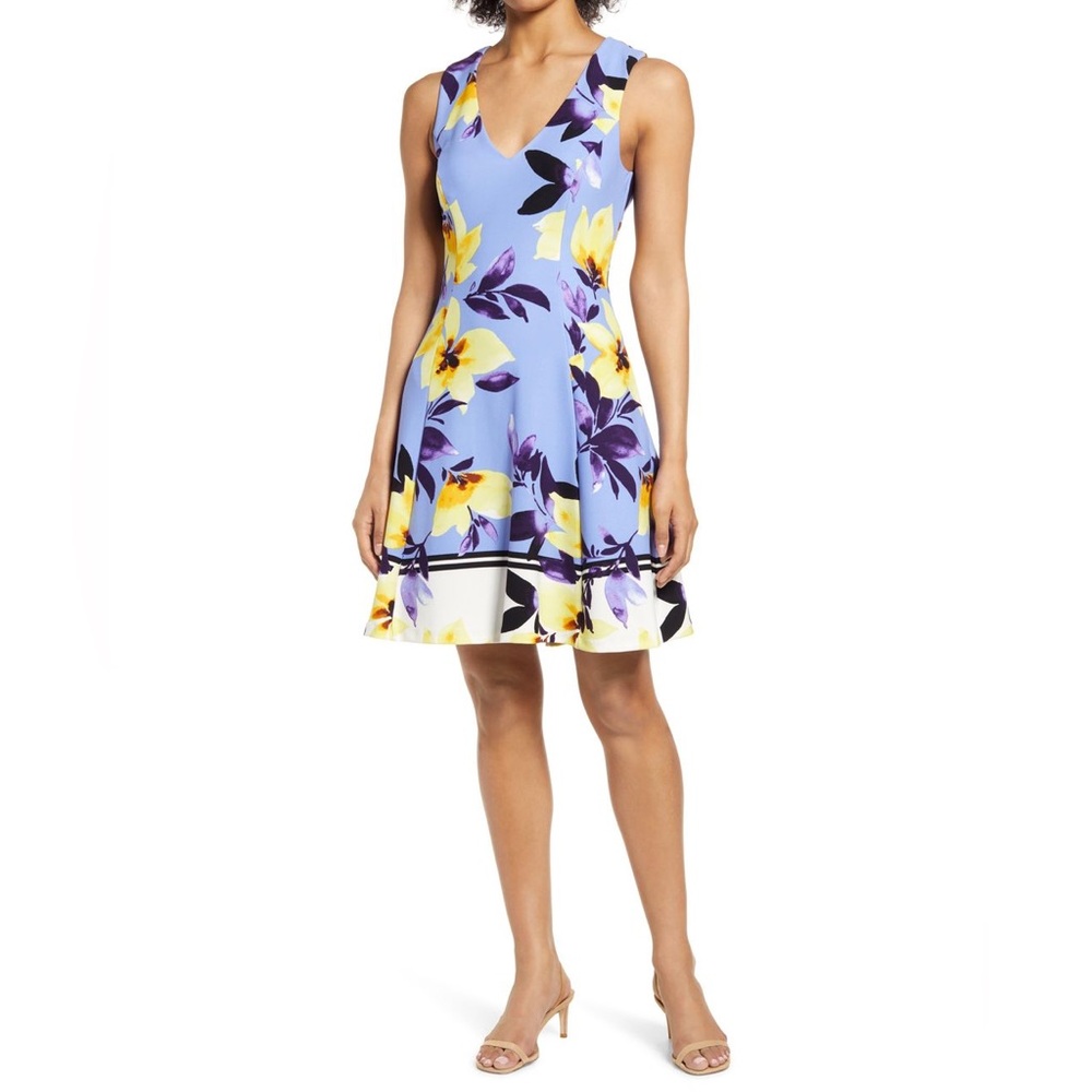 Vince Camuto Floral Print V Neck Sleeveless Dress